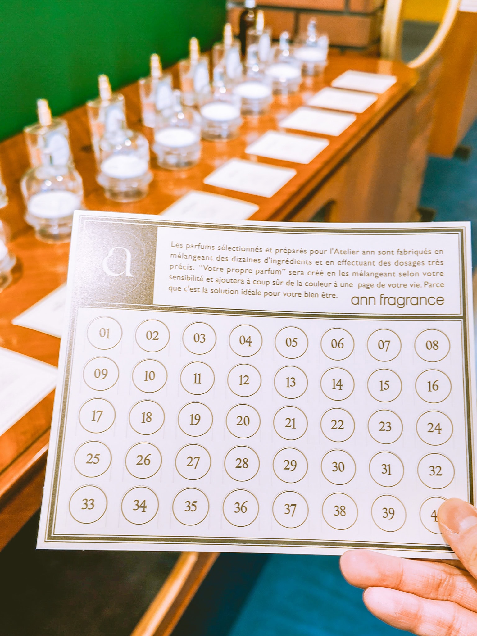 Punch card to choose your custom perfume secents at Ann Fragrance.