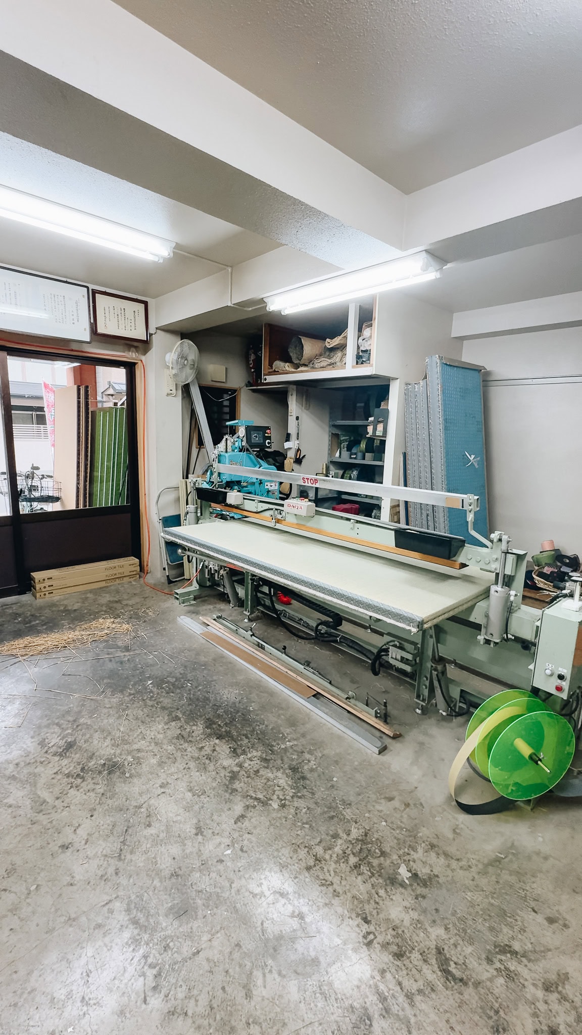 Work station at tatami making workshop Yamada Tatami Shop.