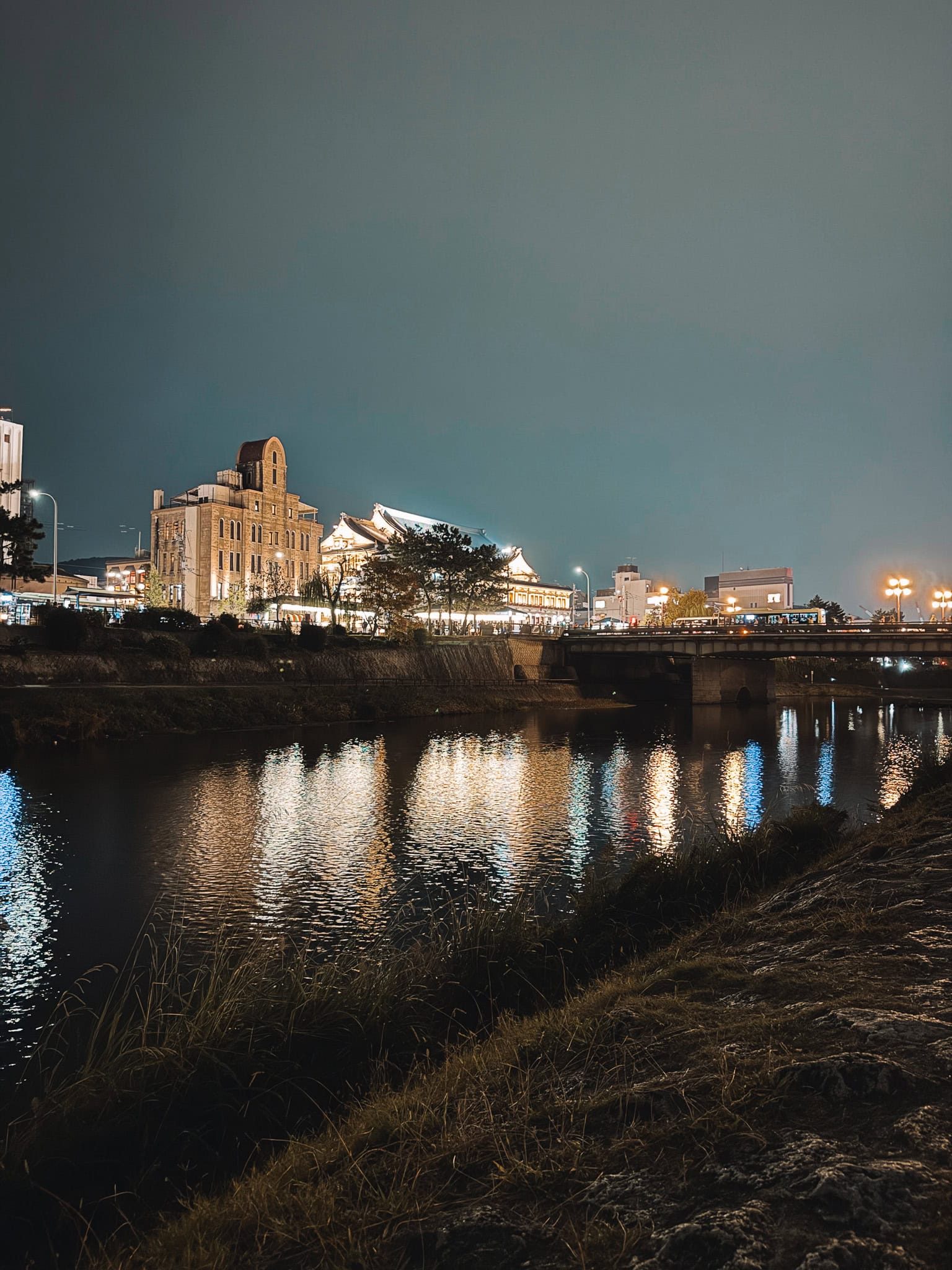 Kamo River at night, Gion District Kyoto.