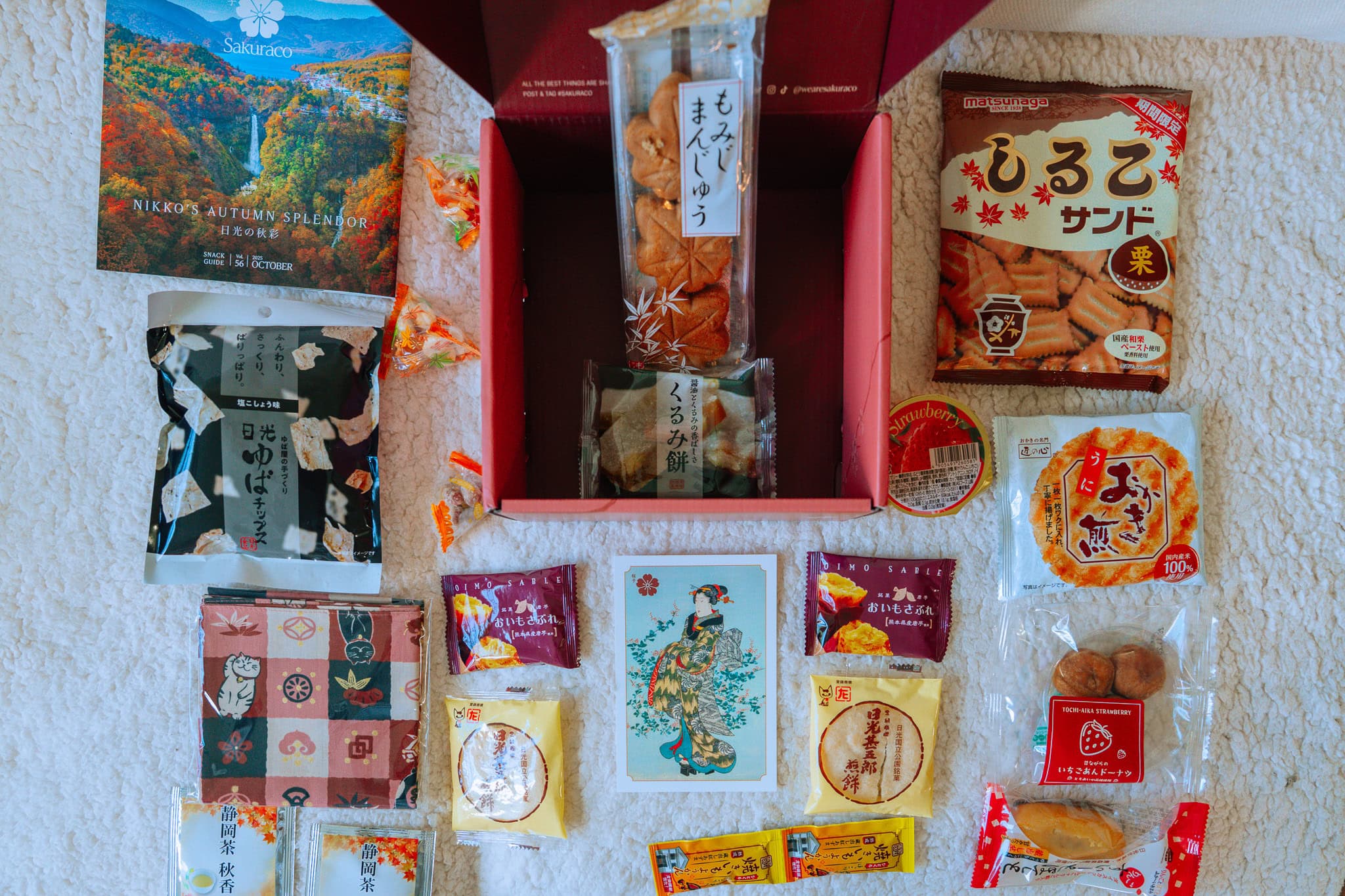 Inside of a Japan snack box: Sakuraco Box Nikko Edition.